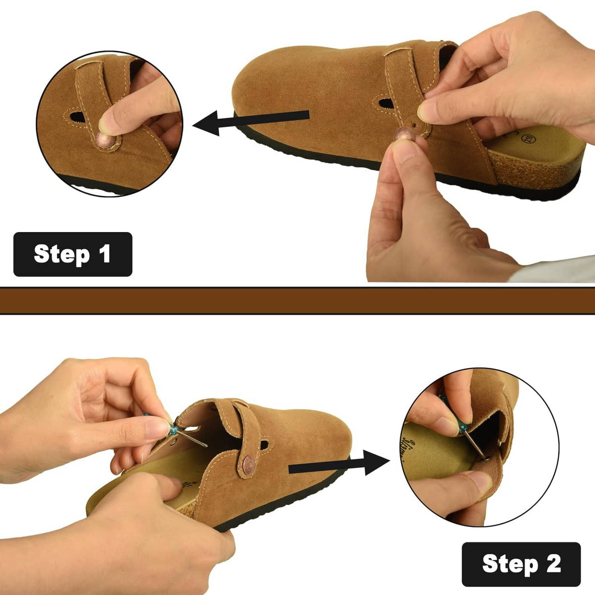 Hands installing a bronze rivet on a suede clog button area