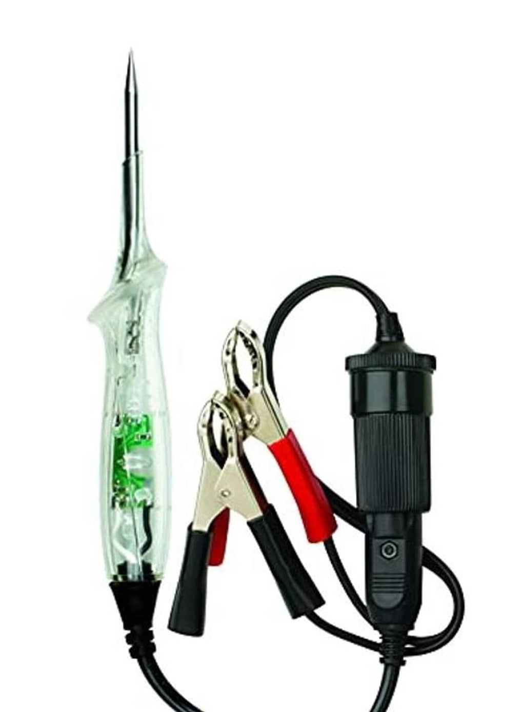 Circuit tester smart test light with black tester body, probe, and alligator clips