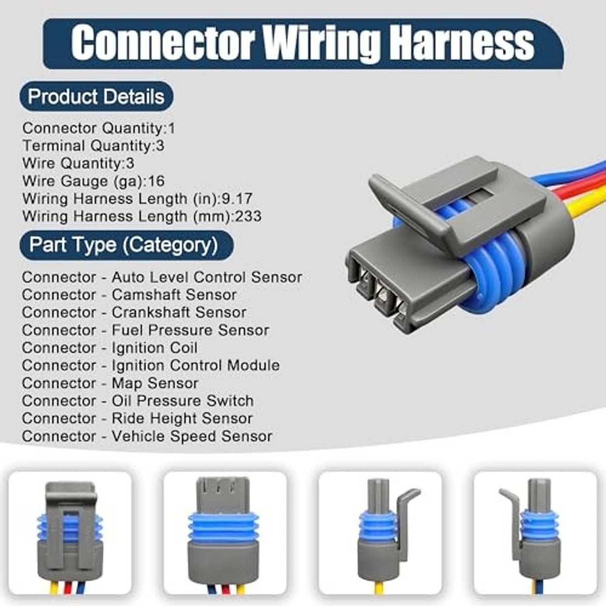 Auto sensor connector wiring harness with gray connector housing and blue terminal inserts