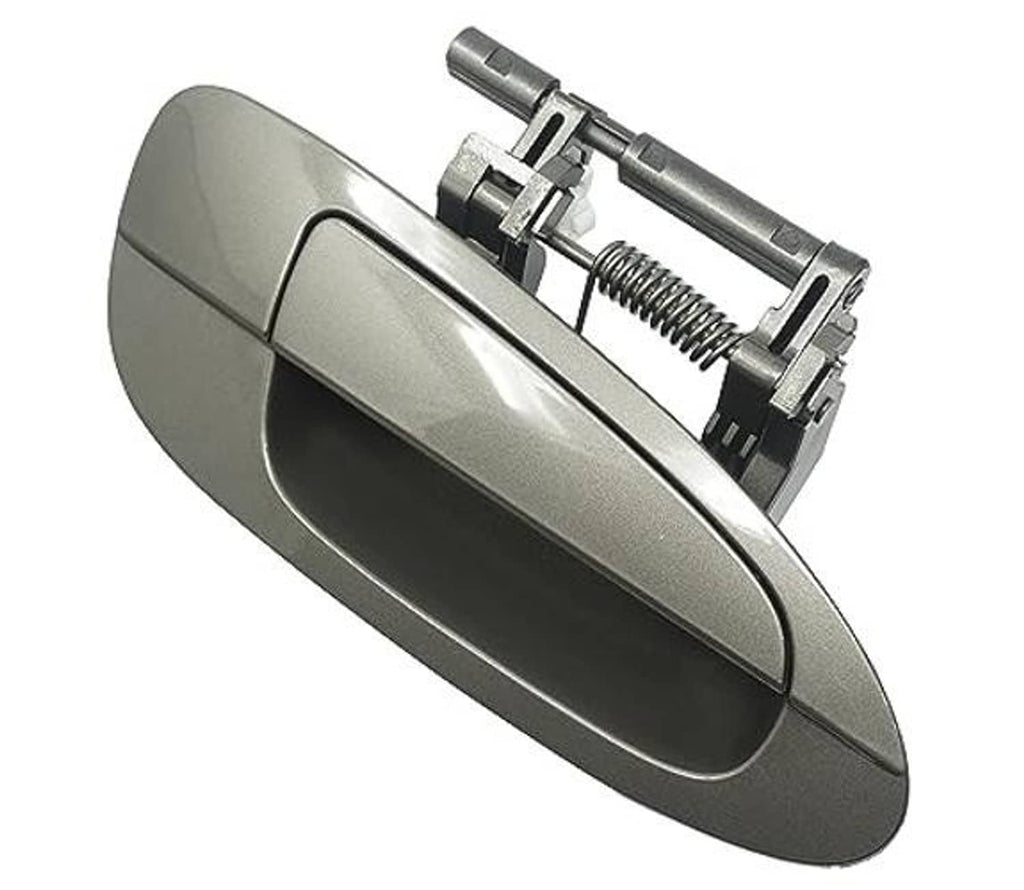 Pewter metallic exterior door handle with spring latch hardware, angled view.