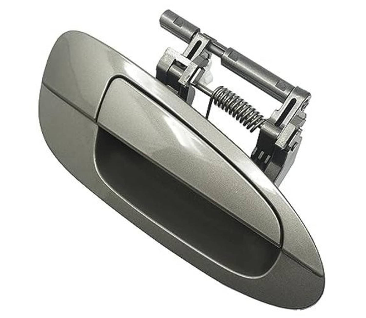 Pewter metallic exterior door handle with spring latch hardware, angled view.