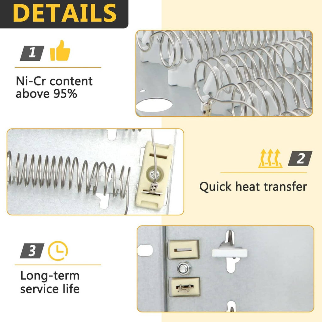 Dryer heating element details with coiled wire springs and mounting connectors