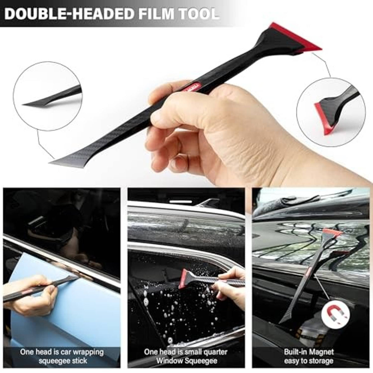 Double-headed film squeegee tool with black handle and red blade tips for tinting