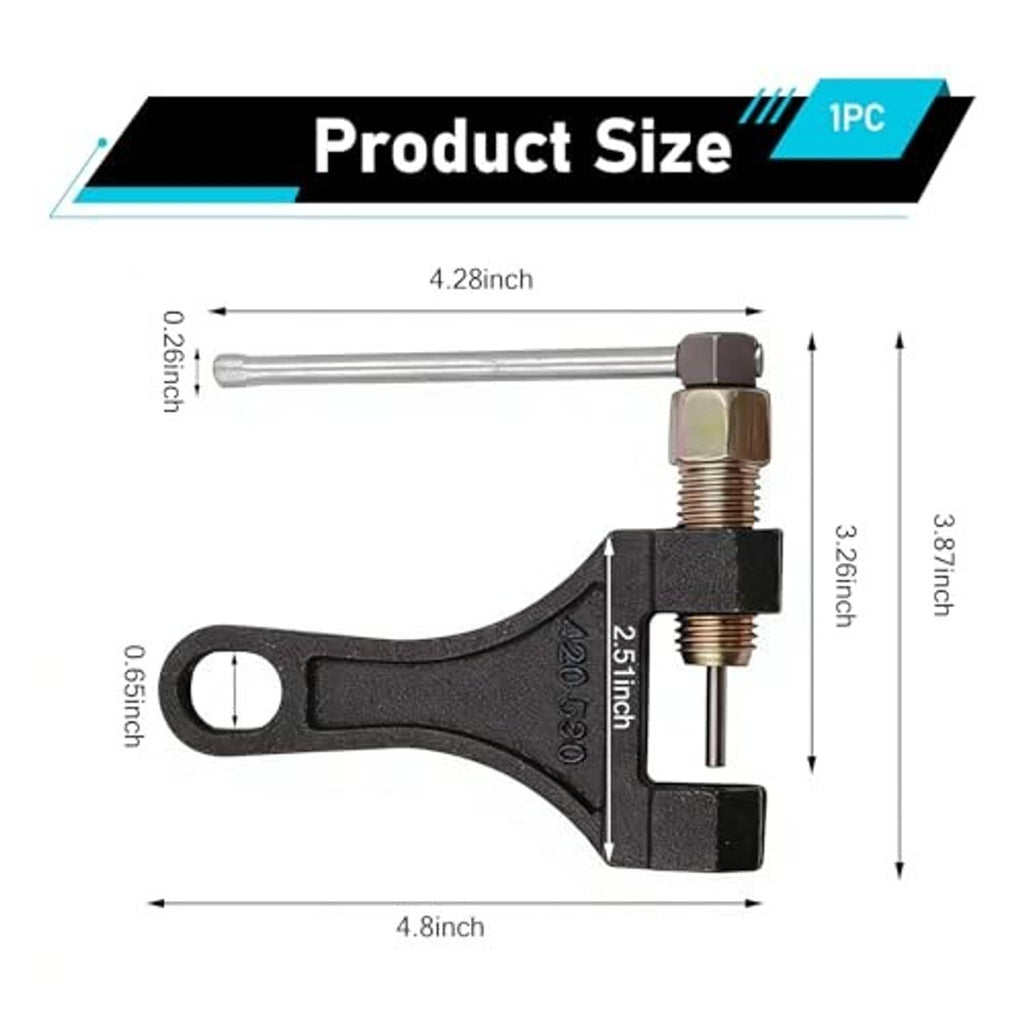 Chain breaker tool showing overall length with threaded press and steel rod