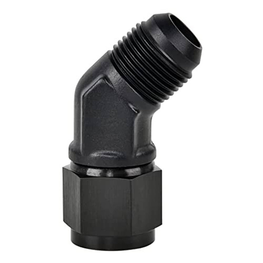 Black aluminum 45-degree AN flare swivel adapter fitting with external threads on both ends
