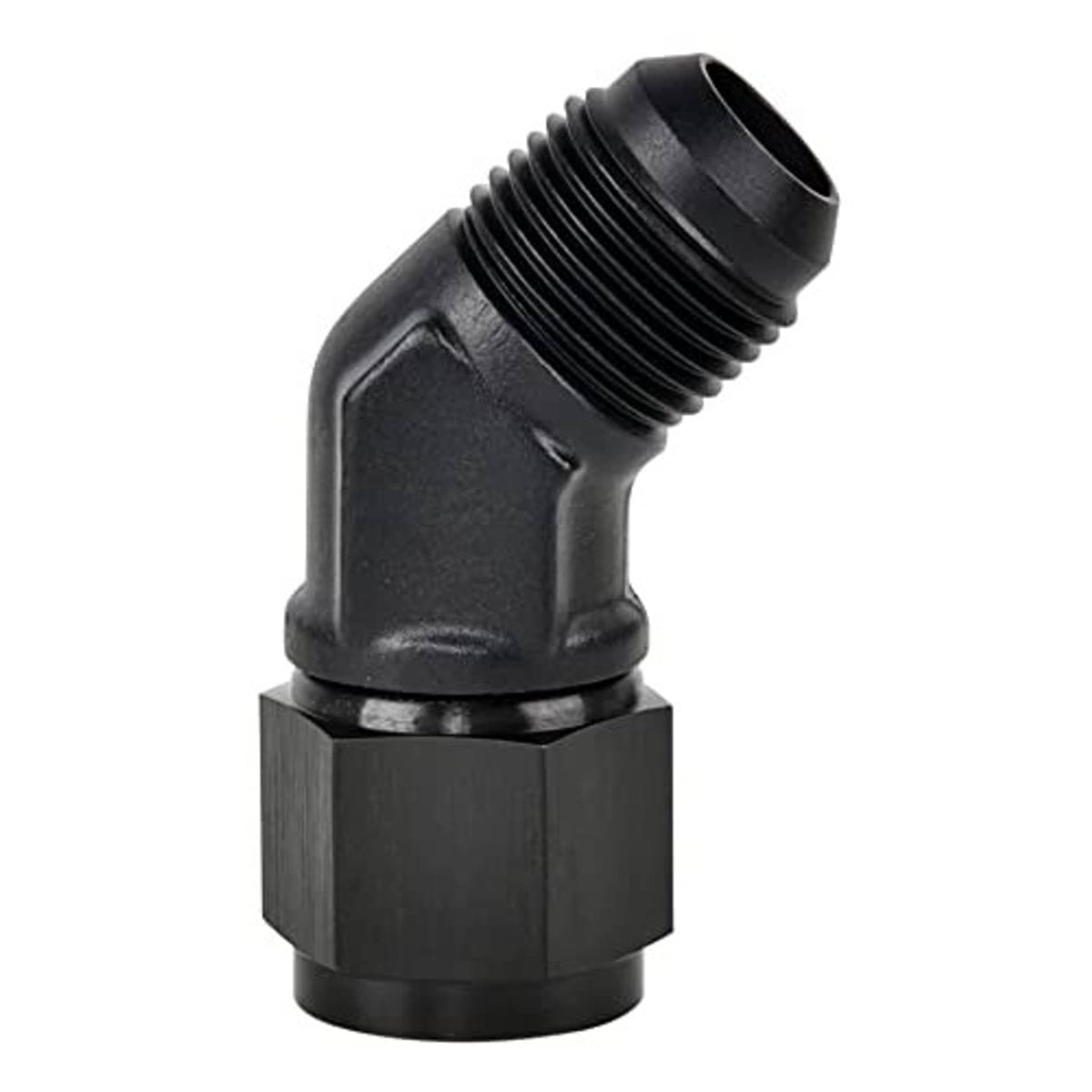 Black aluminum 45-degree AN flare swivel adapter fitting with external threads on both ends