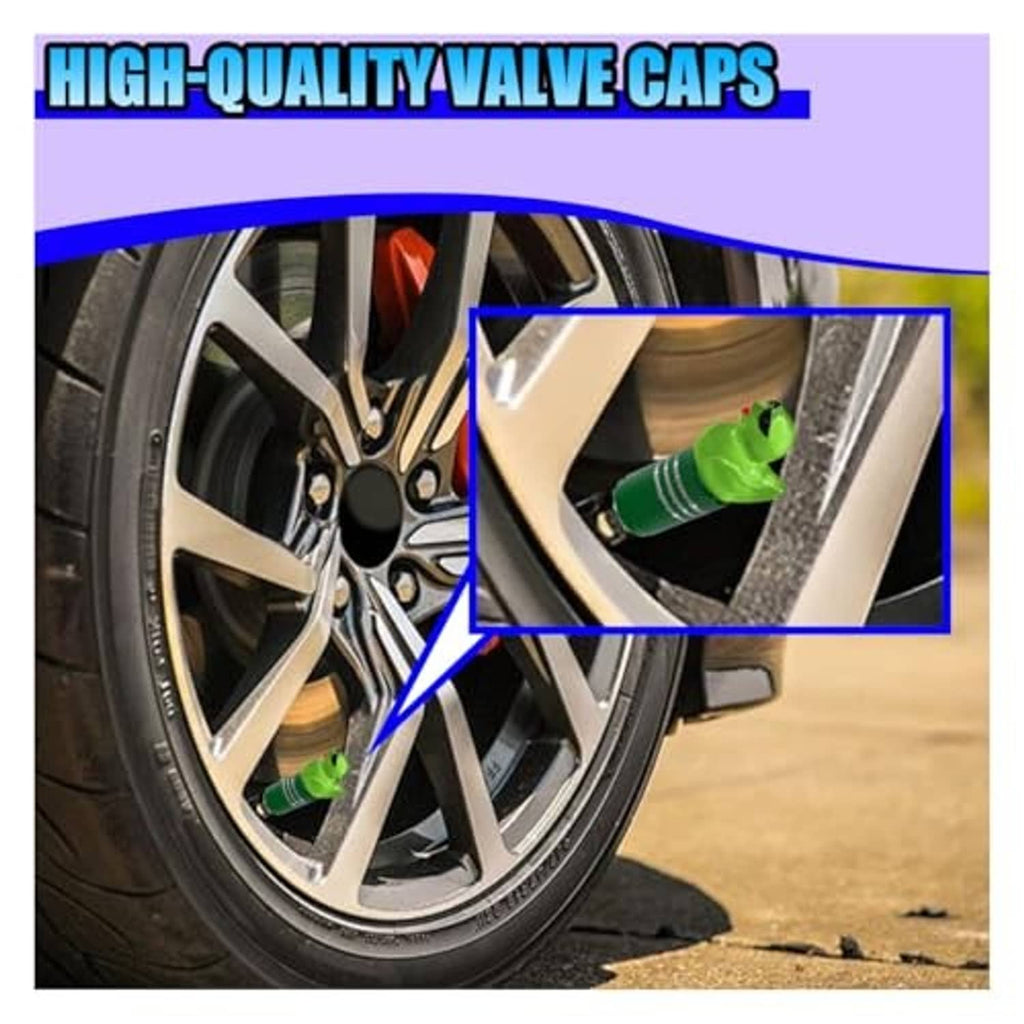 Green duck valve stem cap installed on a car tire valve, ridged grip and black opening