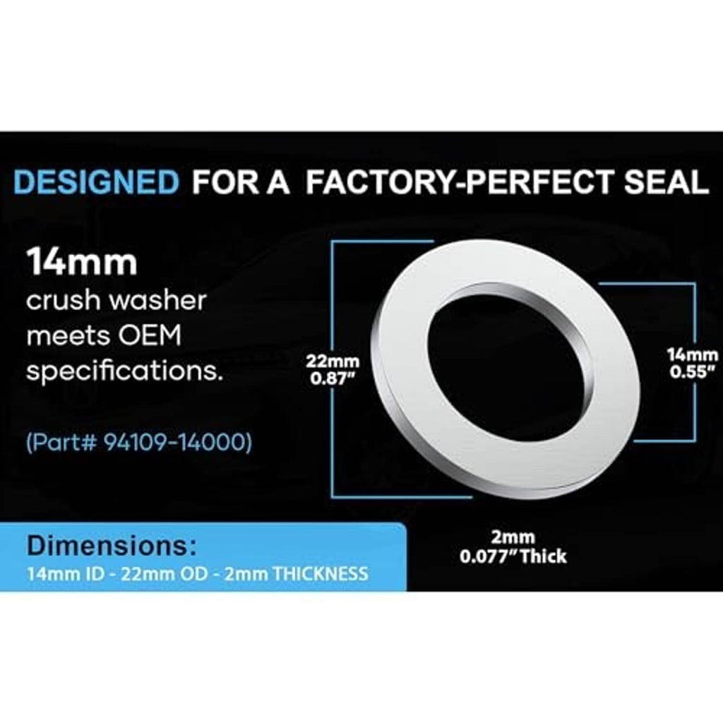 14mm crush washer for oil drain plug, white ring gasket with size diagram
