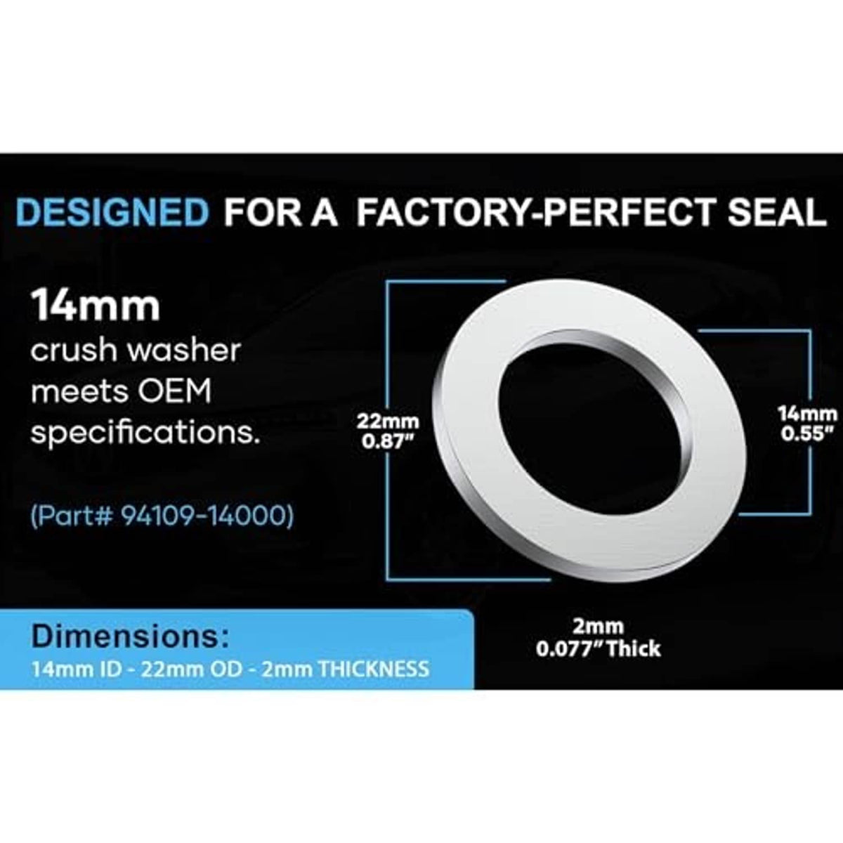 14mm crush washer for oil drain plug, white ring gasket with size diagram