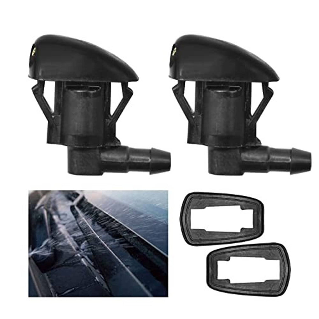 Two black windshield washer nozzles and two replacement gaskets for cleaning