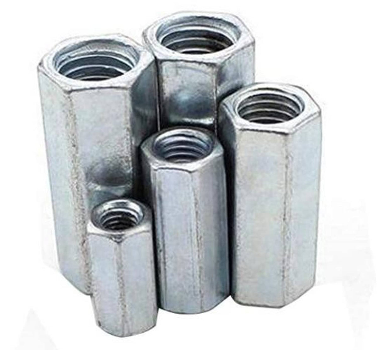 Five zinc-plated hex coupling rod connectors with internal threads, M12 x 1.75