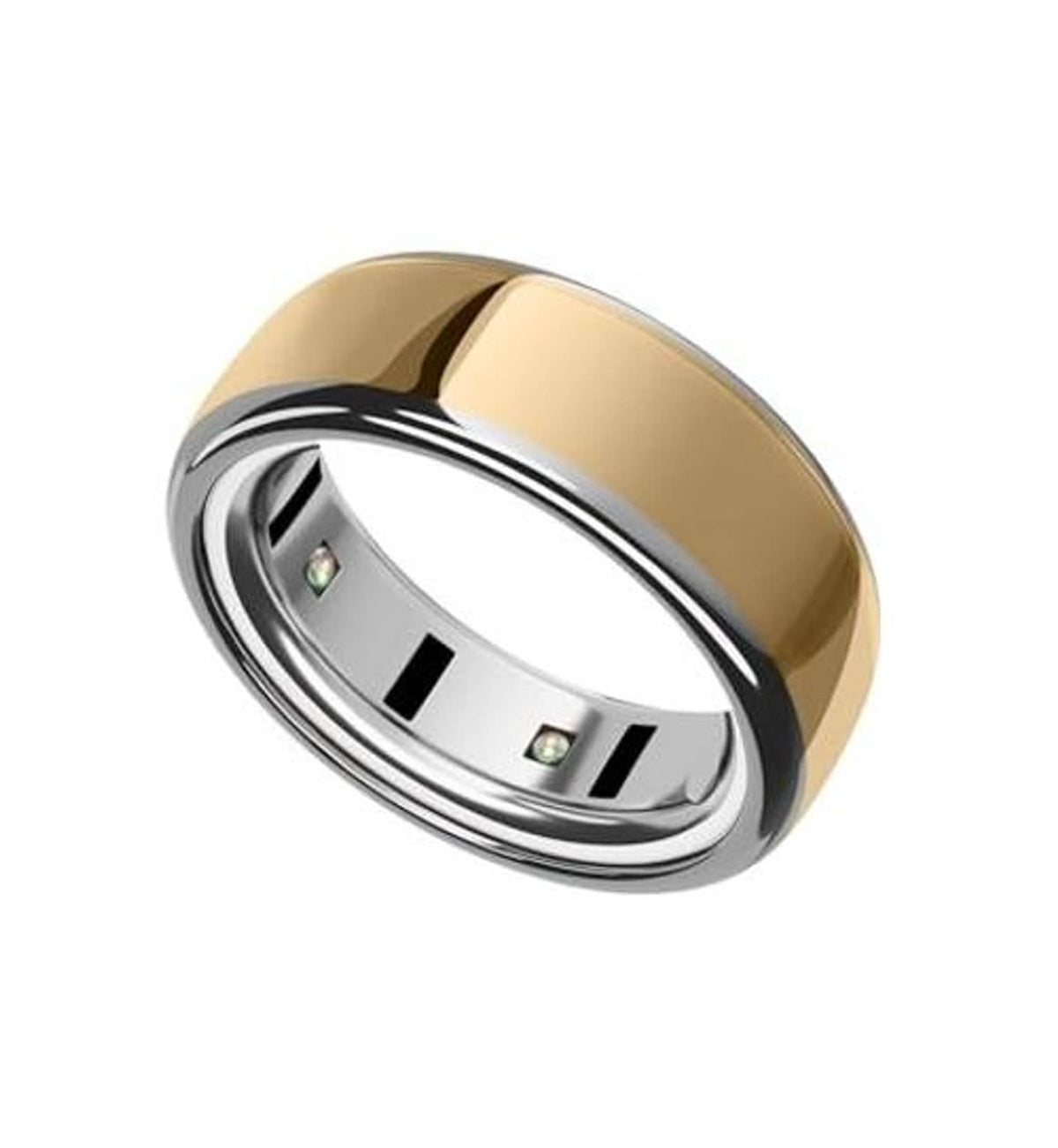 Silver ring cover with inner sensor openings and reflective edge, front angle