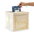White collapsible card box with gold "Cards" and floral border, top slot for envelopes.