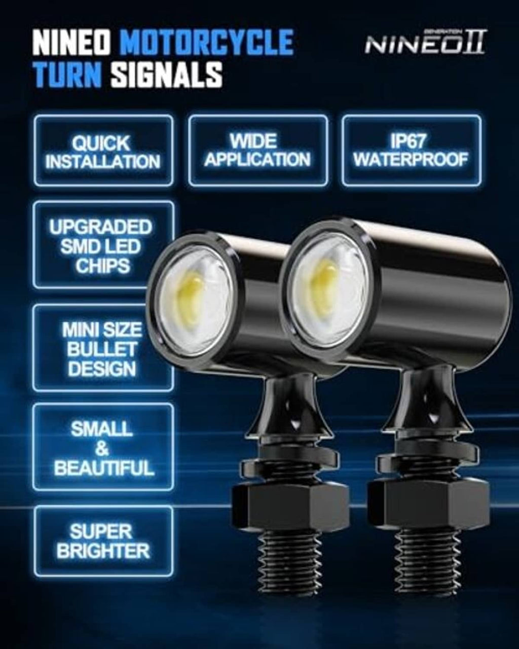 Pair of mini bullet LED turn signal lights with white lenses and black housings