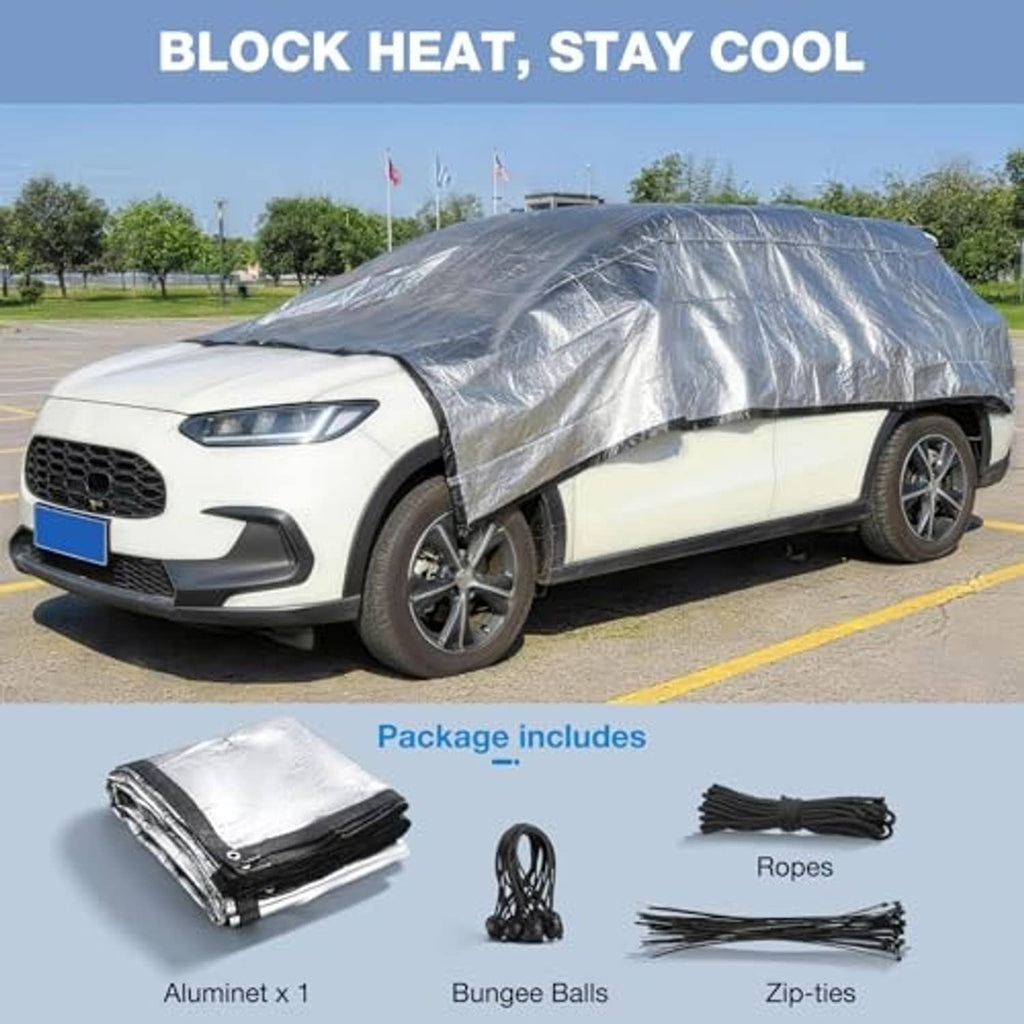 Silver aluminet shade cloth cover over a car with black tie ropes