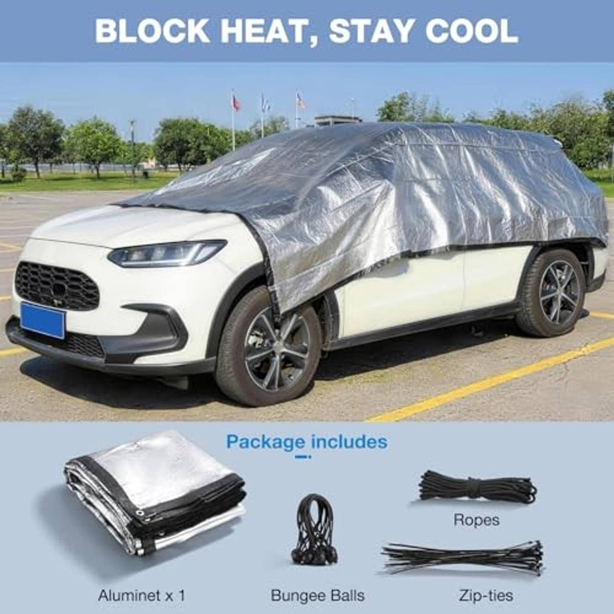Silver aluminet shade cloth cover over a car with black tie ropes
