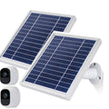 White solar panel kit with two panels and camera mounts for outdoor security use