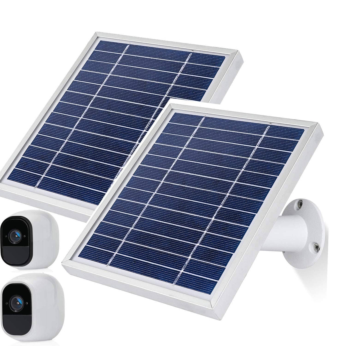 White solar panel kit with two panels and camera mounts for outdoor security use