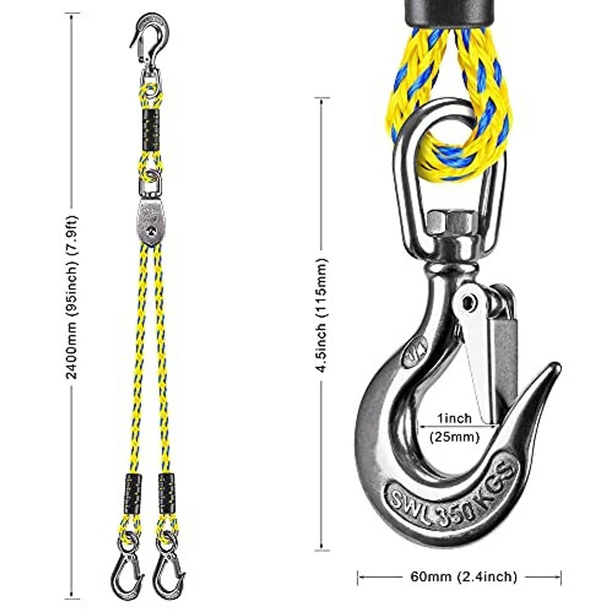 Braided yellow and blue tow rope with stainless pulley hook and twin safety end hooks