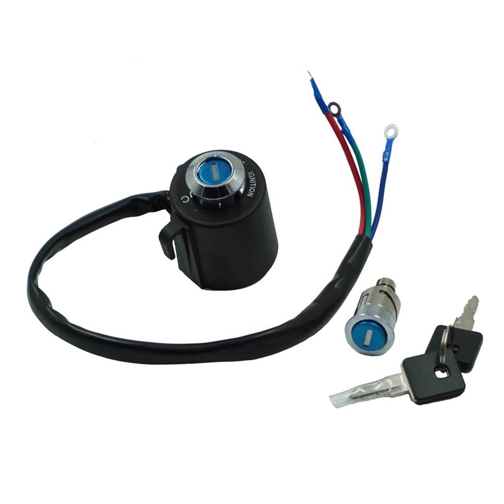 Ignition switch lock set: black housing, blue cylinder, wiring, and spare keys