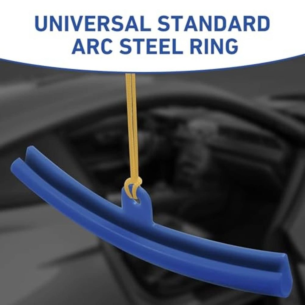 Blue curved rim protector sleeve with gold cord looped for attachment