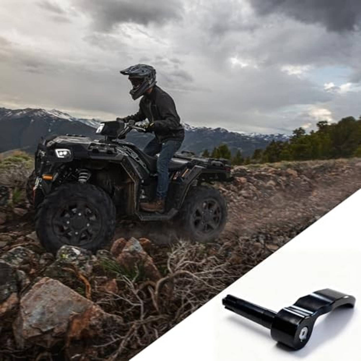 Black thumb throttle control lever accessory shown near ATV rider