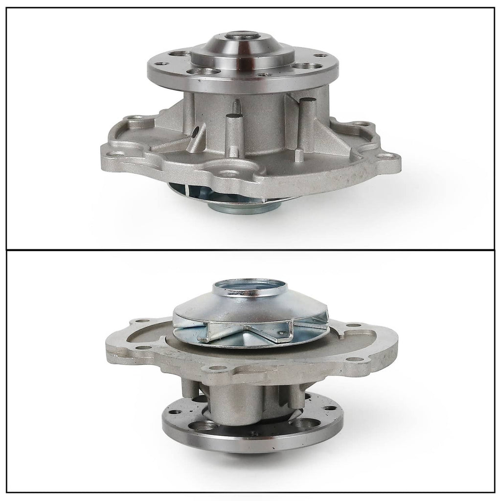 Metal water pump assembly with flange and mounting face, shown in two angles