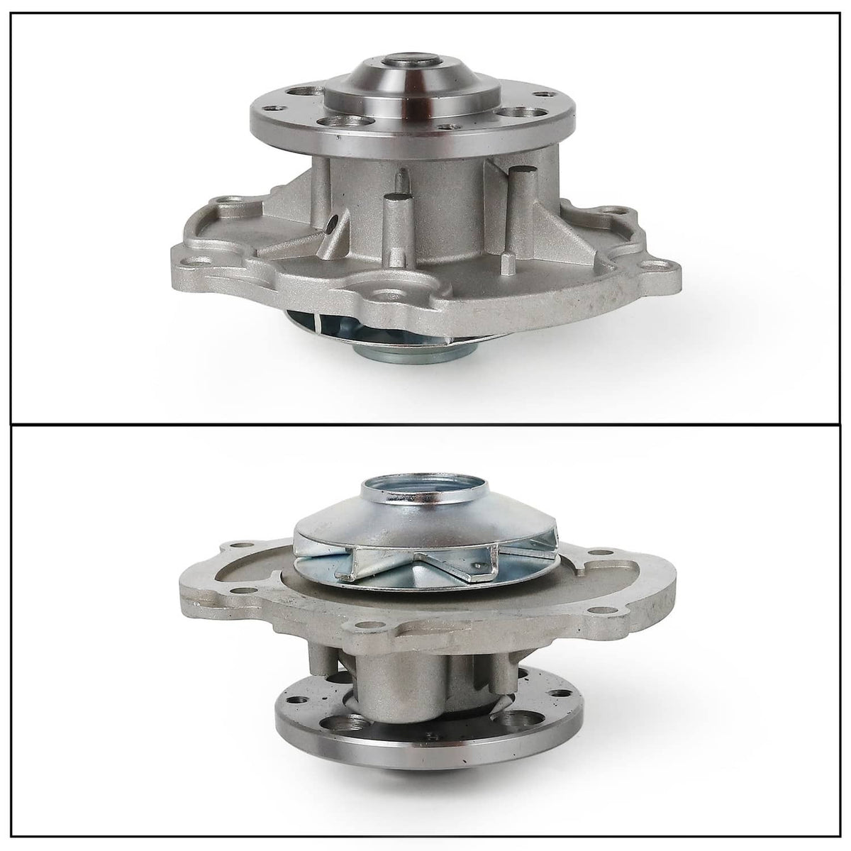Metal water pump assembly with flange and mounting face, shown in two angles