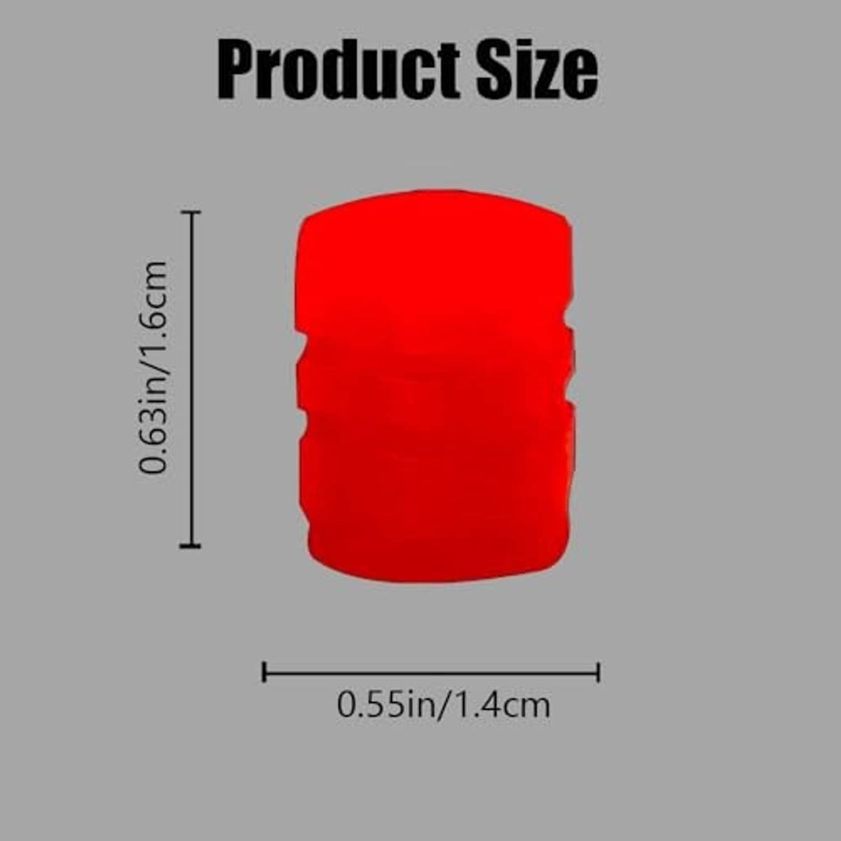 Red tire valve cap size diagram, 0.55 in wide and 0.63 in tall