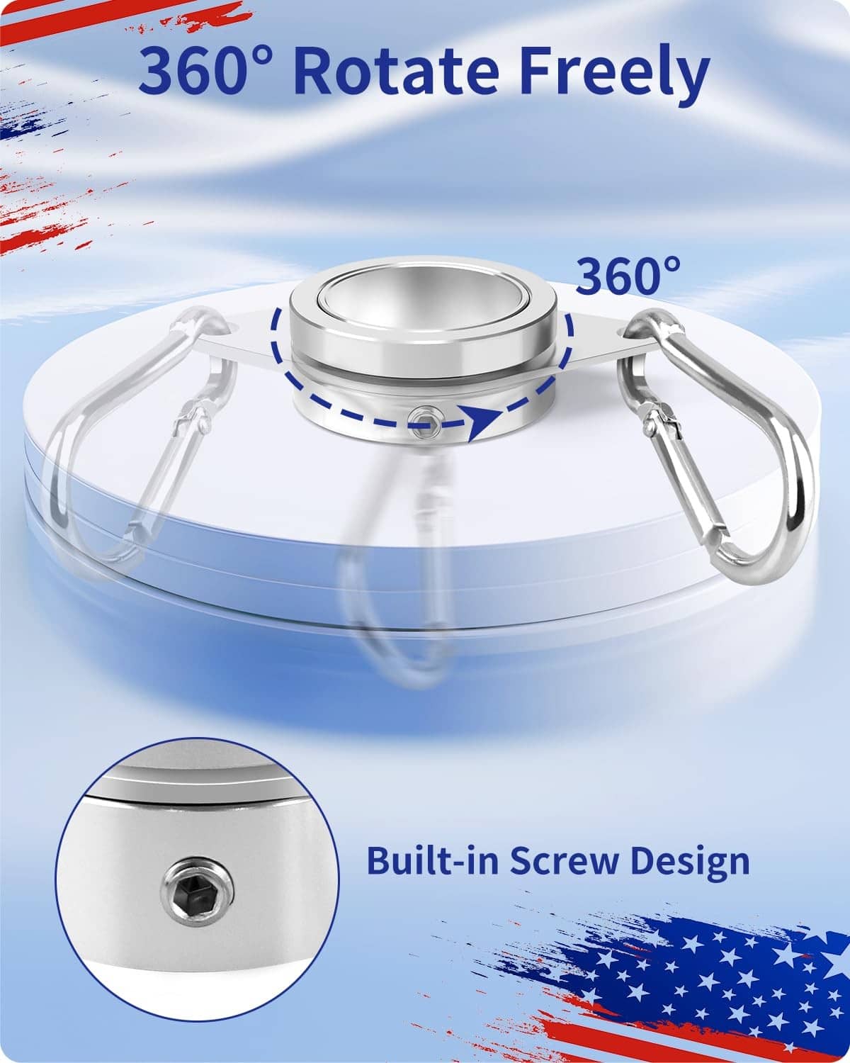 Silver flag pole swivel ring hardware with 360° rotating design and screw