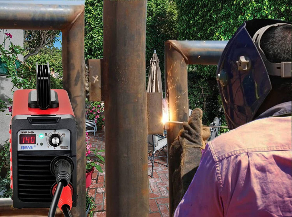 Stick welder welding a metal pipe with bright arc sparks outdoors