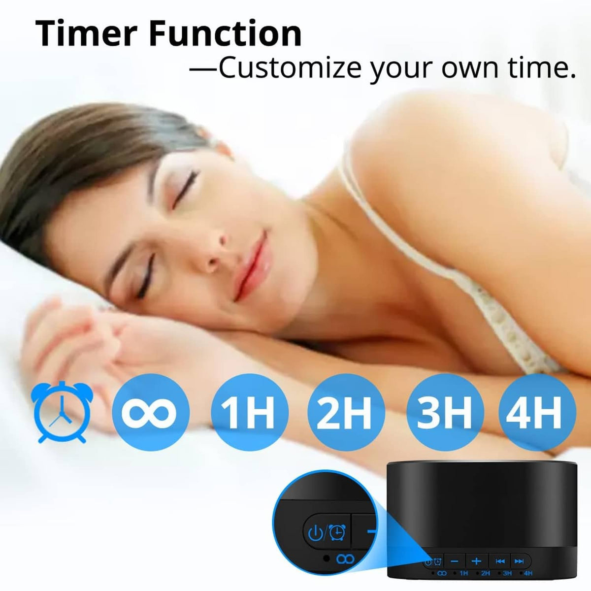 Black sound machine with front control buttons and timer time options
