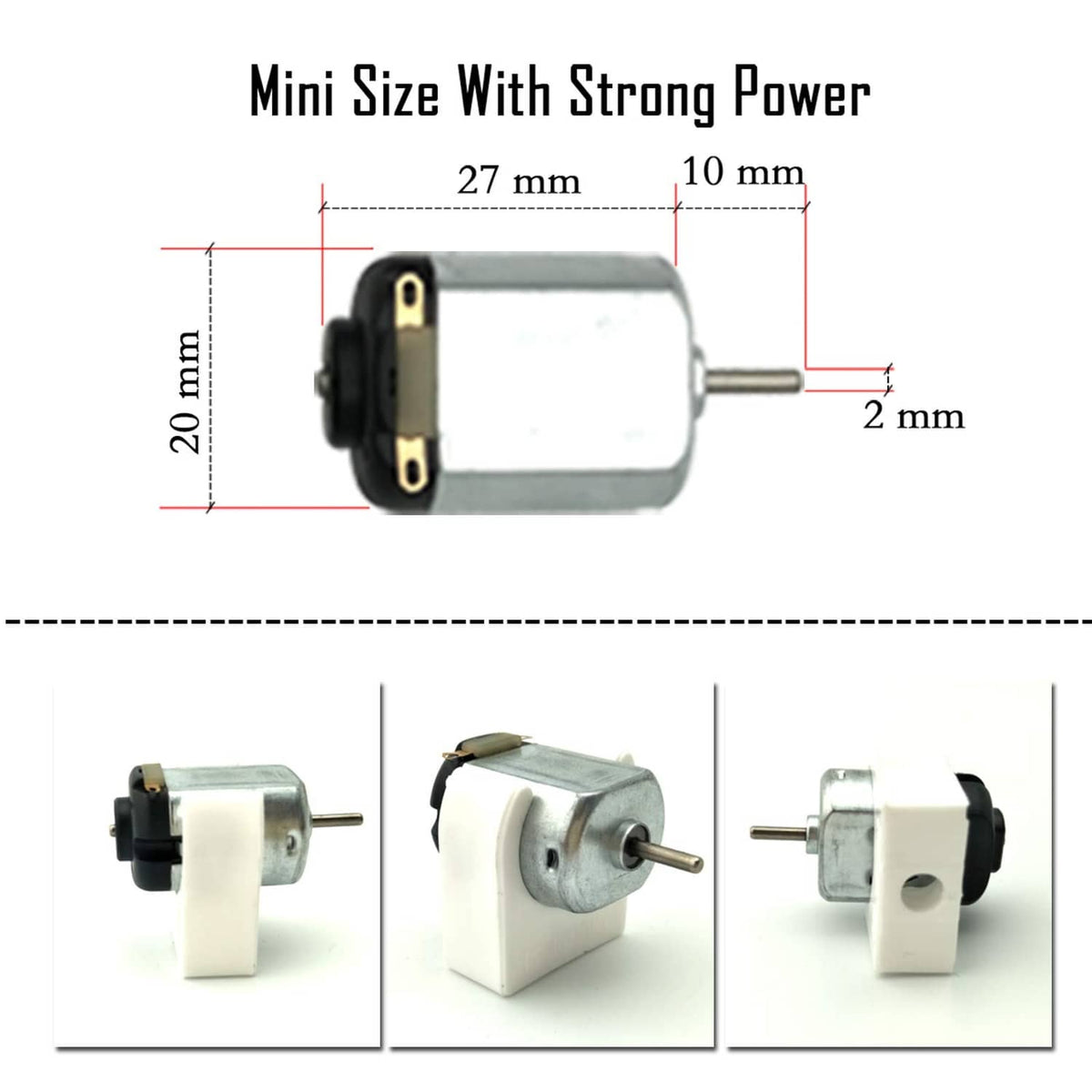 Mini DC motor with white housing and metal shaft, shown with size measurements