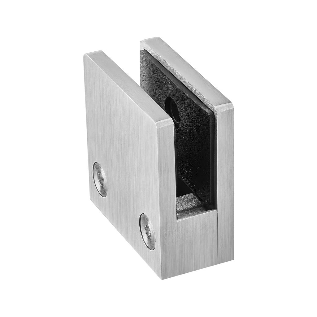 Single square glass railing clamp with brushed silver face and black rubber insert