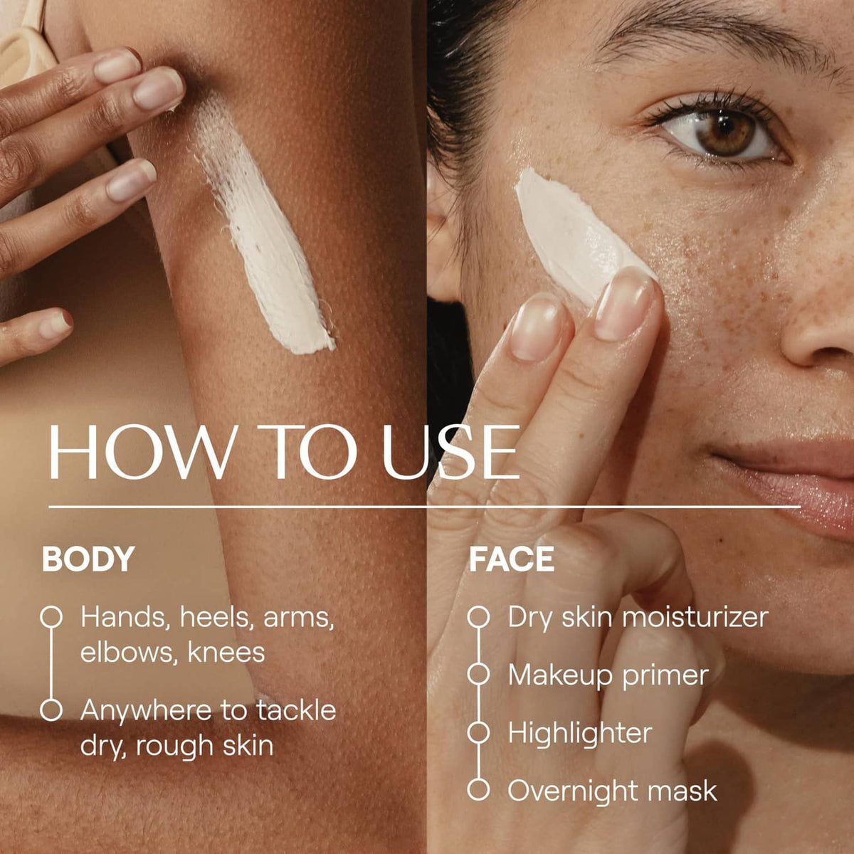 Hands applying thick body and face moisturizer cream on skin