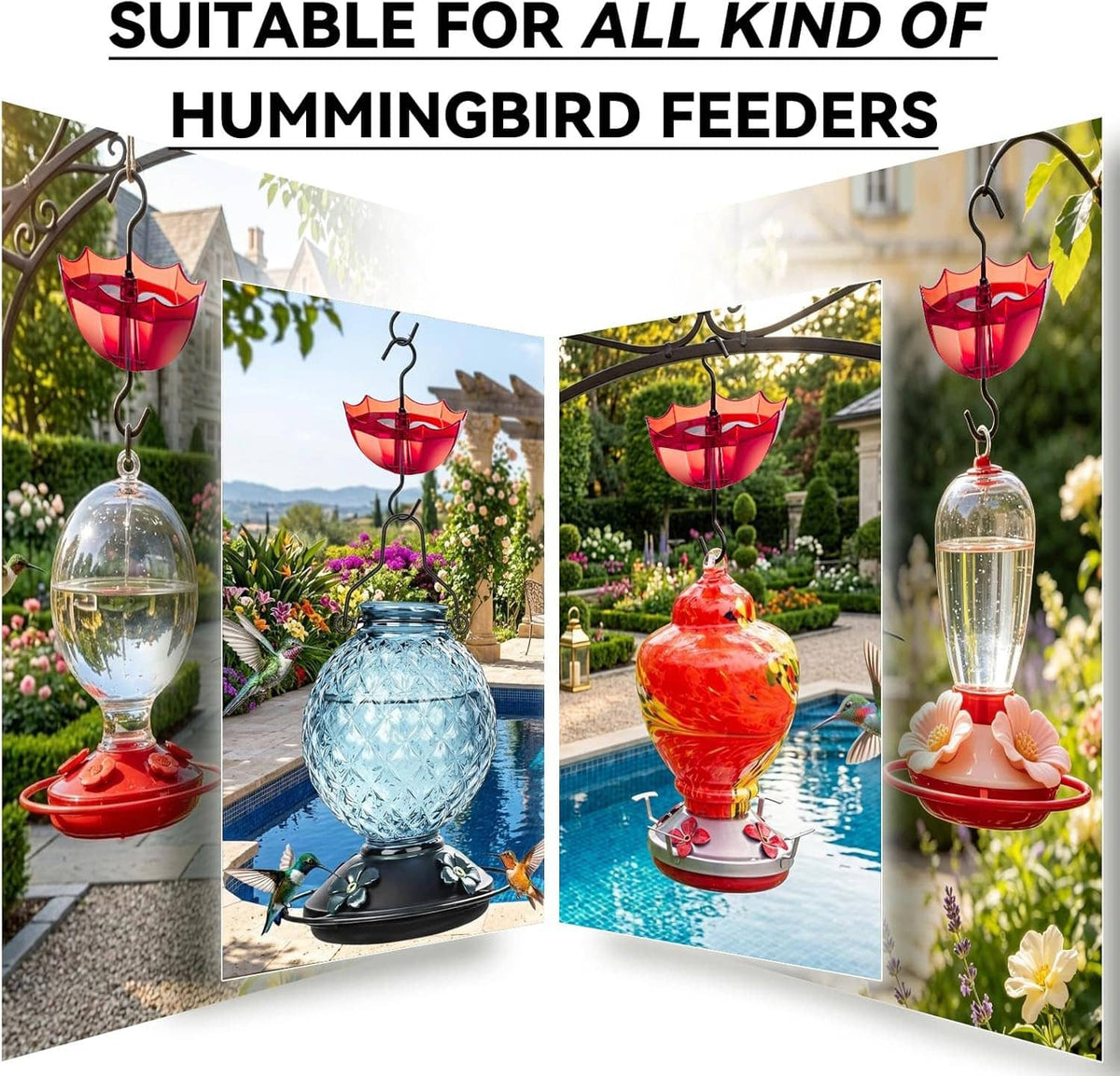 Red hummingbird feeder ant moat hanging on a curved hook over a clear water container