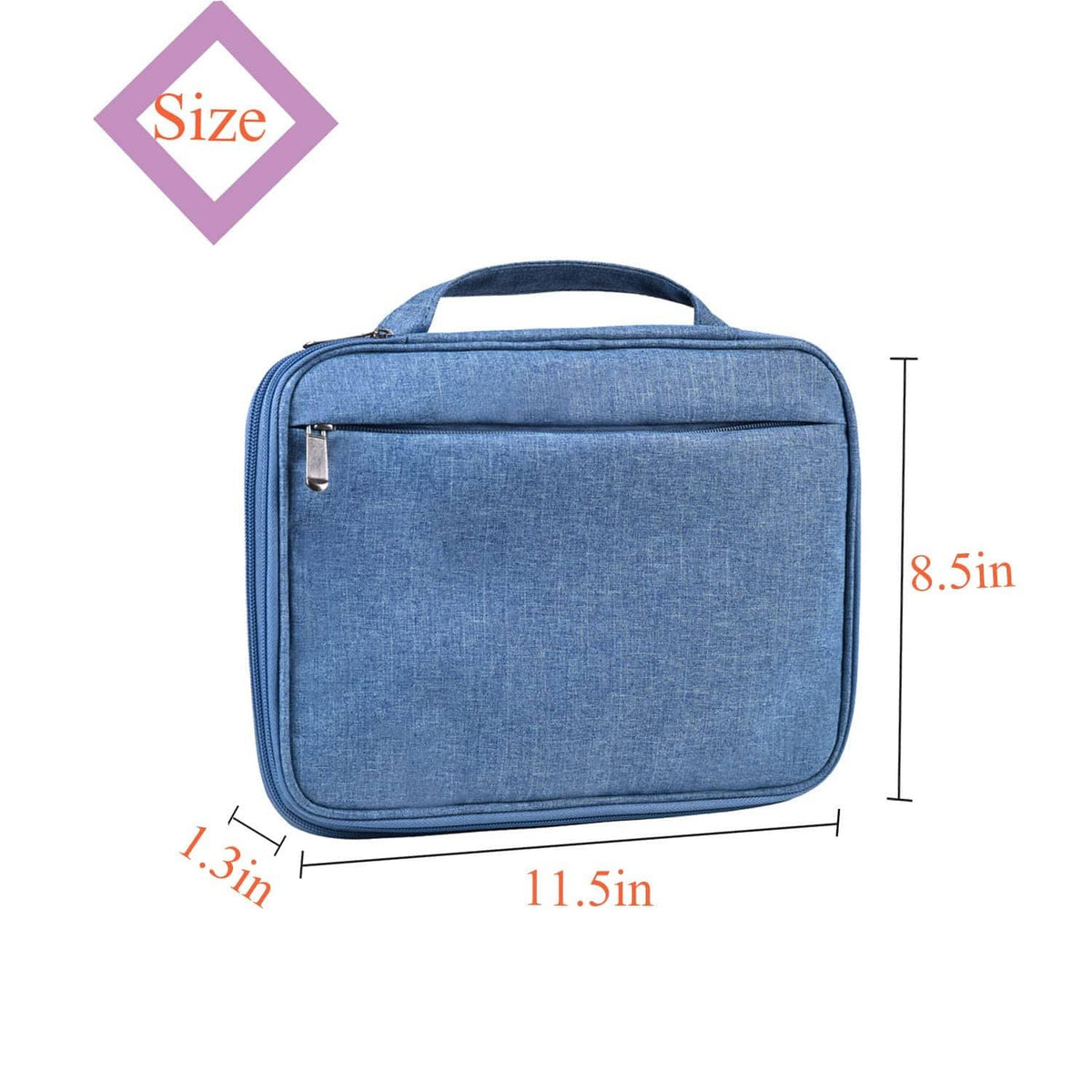 Blue watch band storage case organizer bag, rectangular front with zip pocket and handle