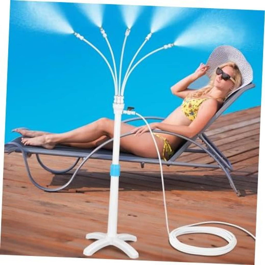 Portable outdoor mist cooling system stand with white spray pole and hoses