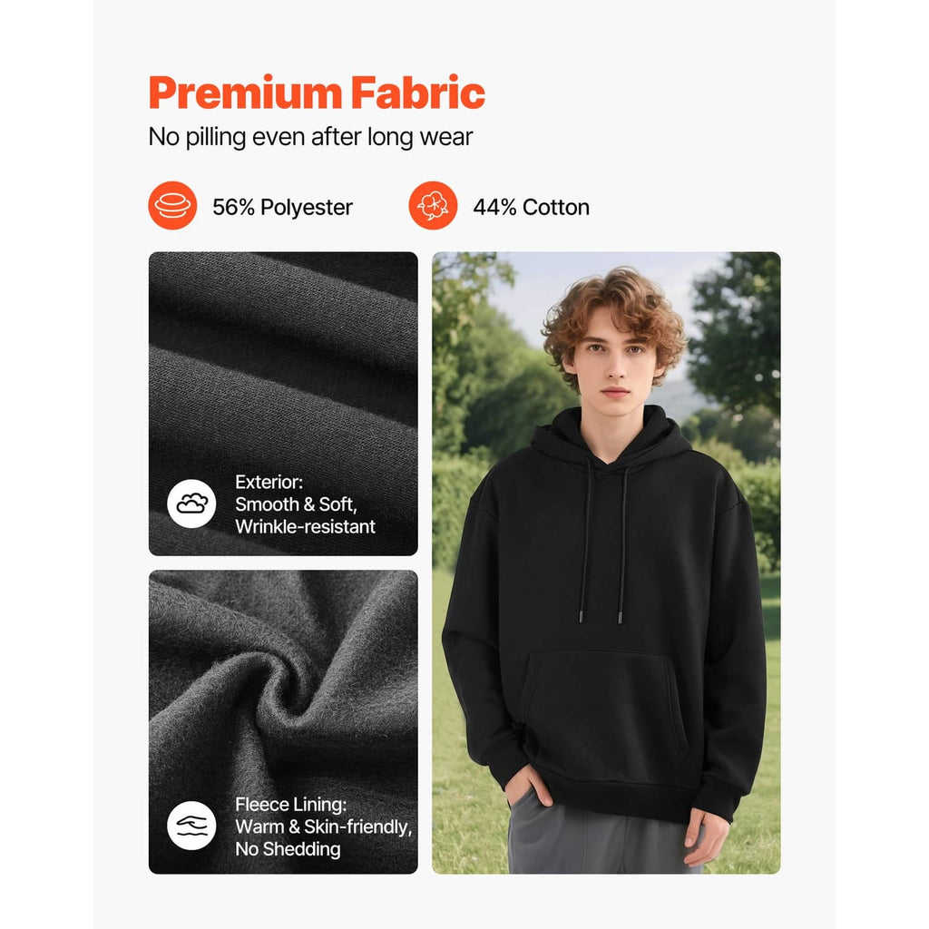 Black fleece pullover hoodie on model, with hood drawstrings and kangaroo pocket.