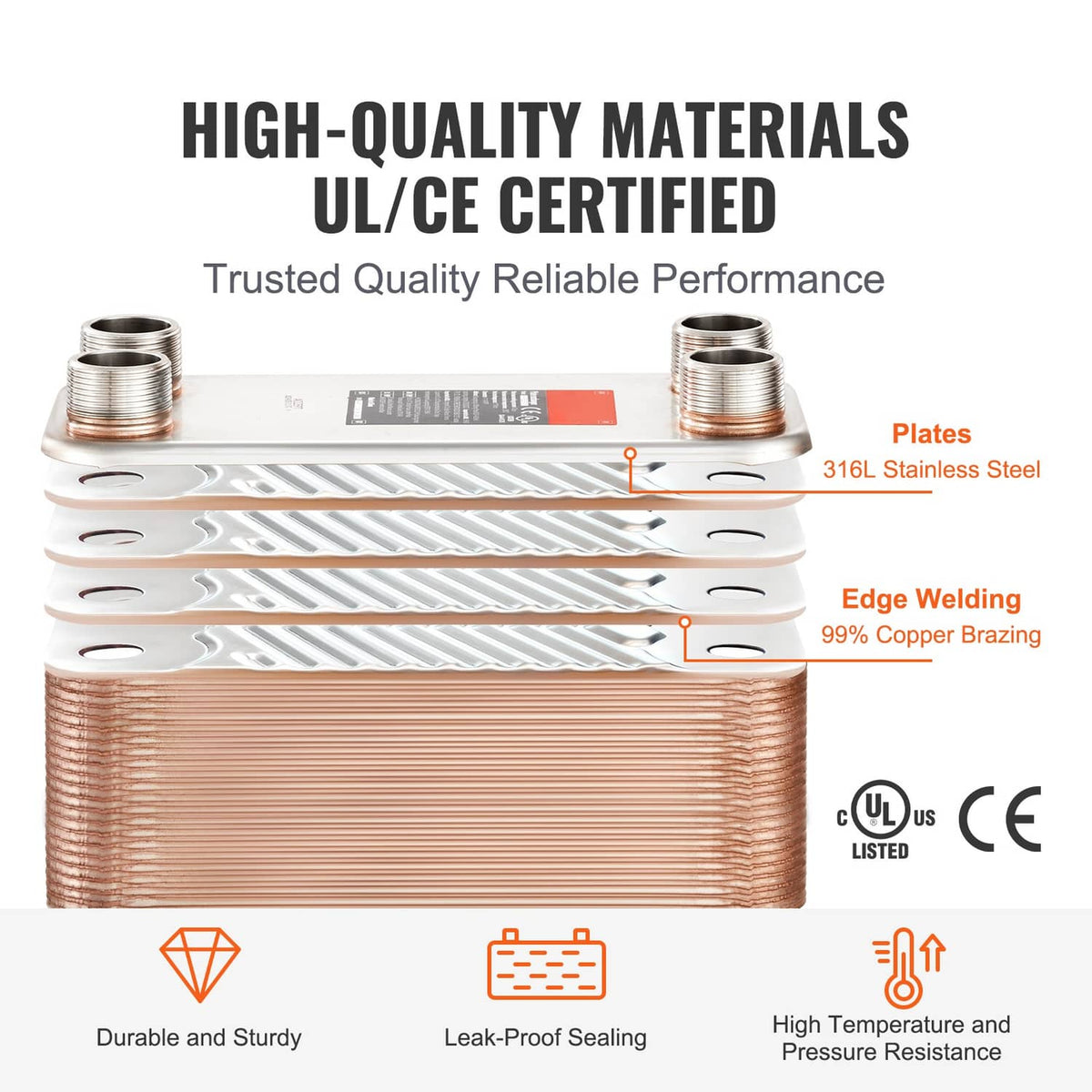 Brazed plate heat exchanger cutaway showing internal stainless steel plates and ports
