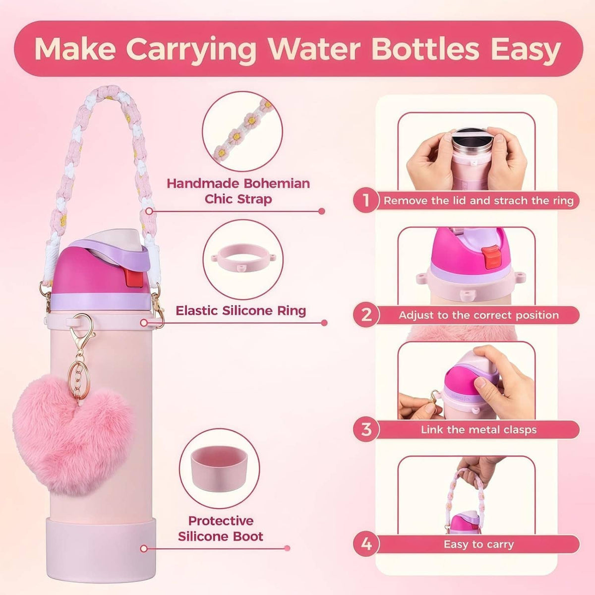 Owala Freesip 32oz bottle carrying strap set with elastic ring and metal clasps, plush heart