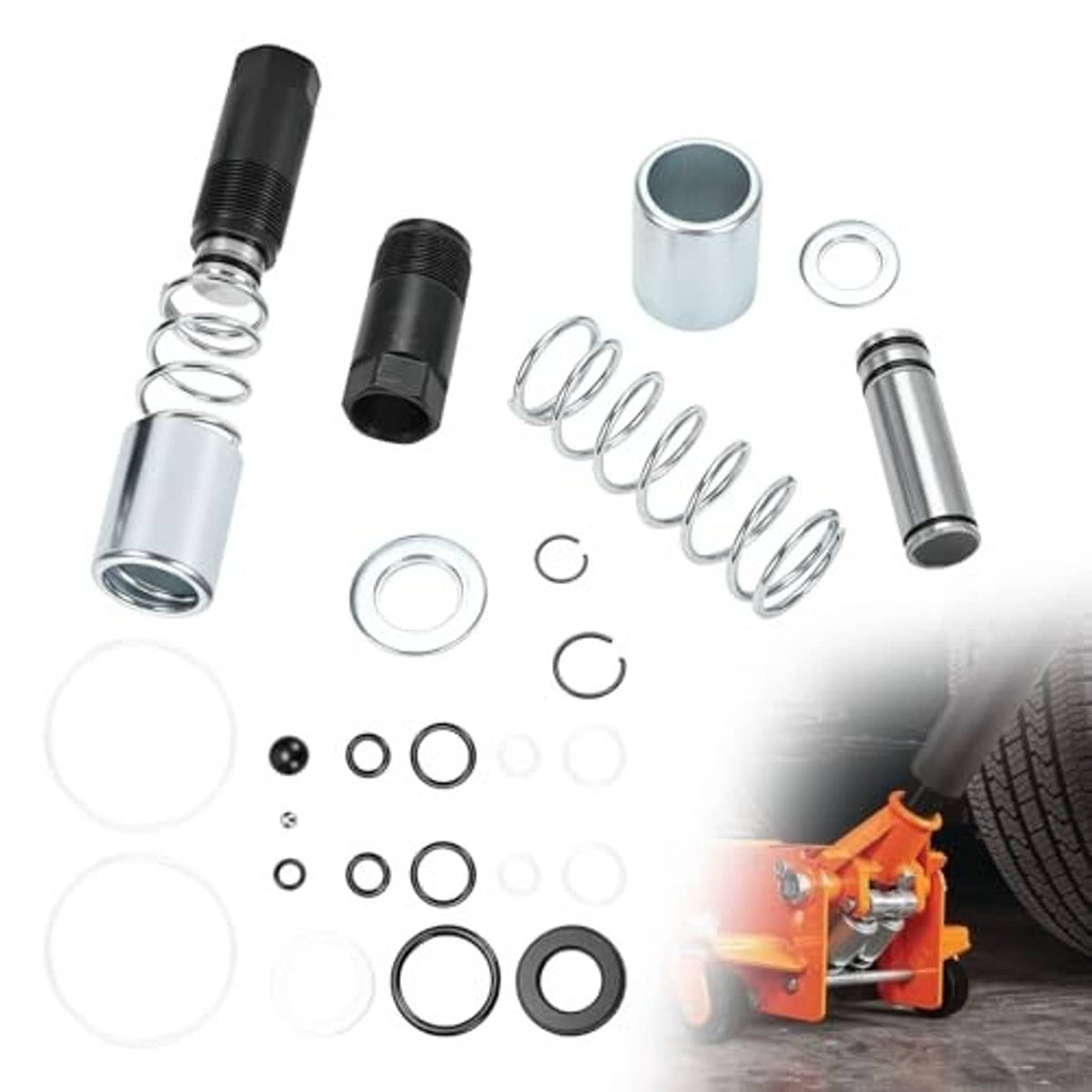 Floor jack repair kit components laid out: dual pump piston plungers, springs, and seals