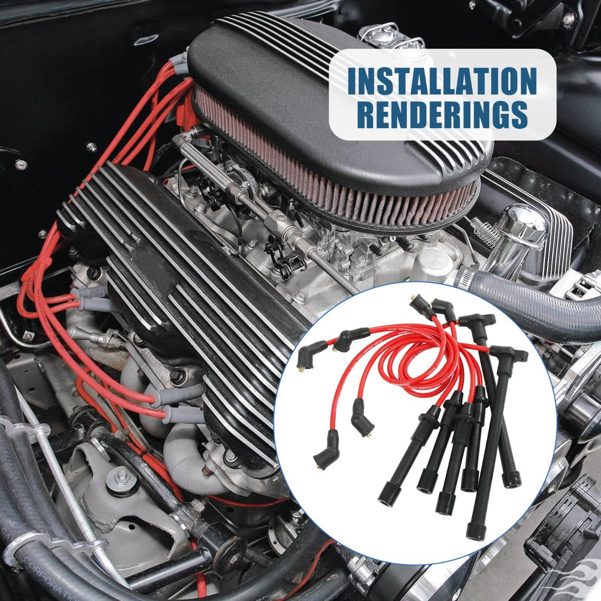 Spark plug wire set installed on engine, red wires with black boots and connectors