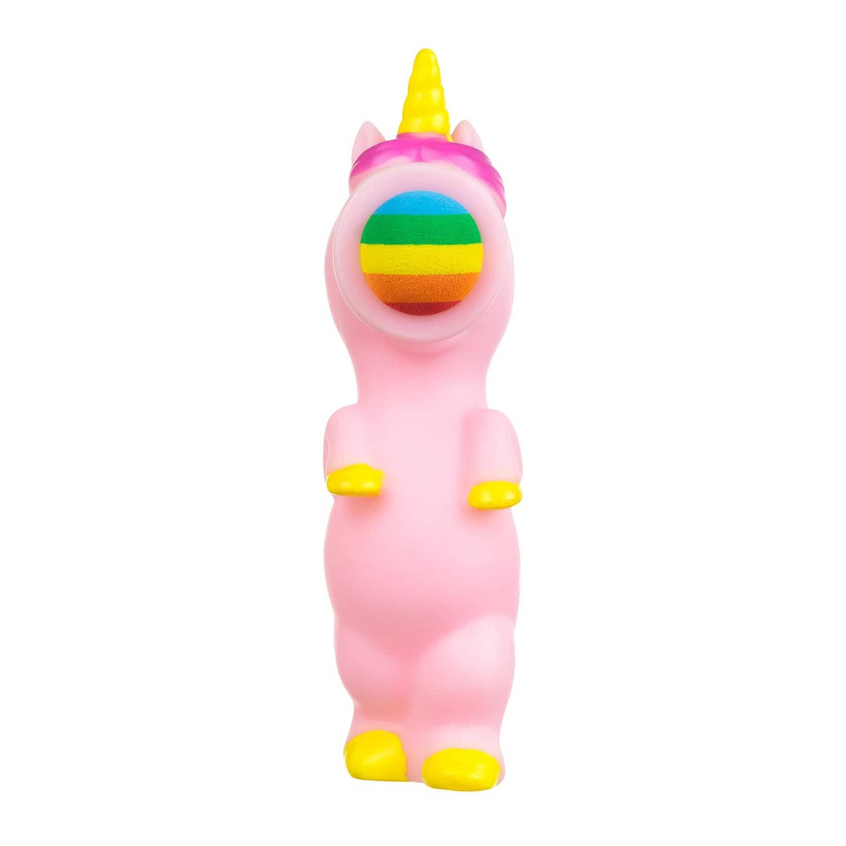 Standing unicorn foam ball launcher toy with rainbow-striped foam ball in mouth