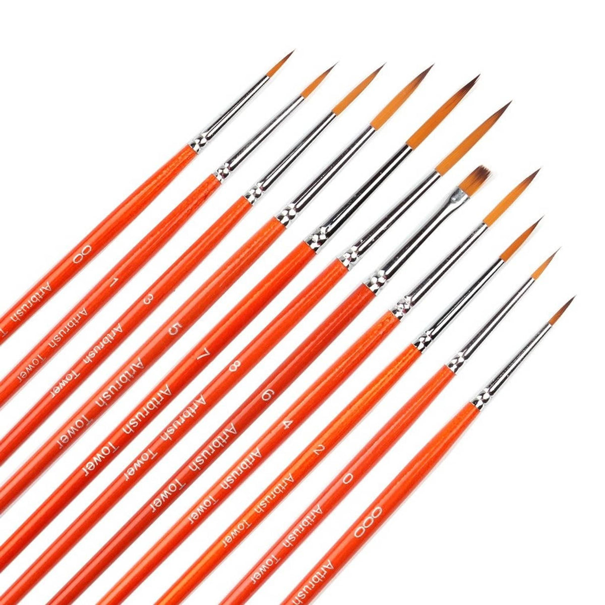 11-piece detail paint brush set with orange handles and fine pointed tips