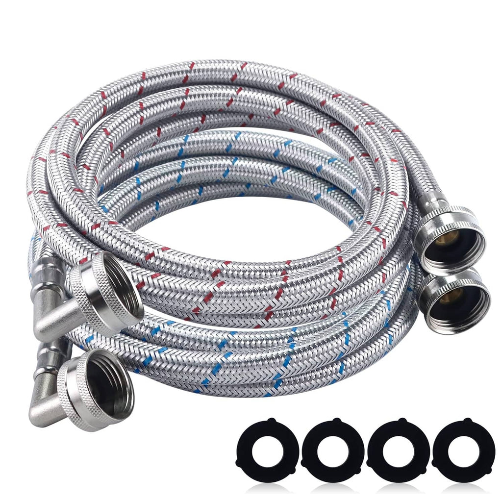 Braided stainless steel washing machine hoses set with 90-degree connectors and washers