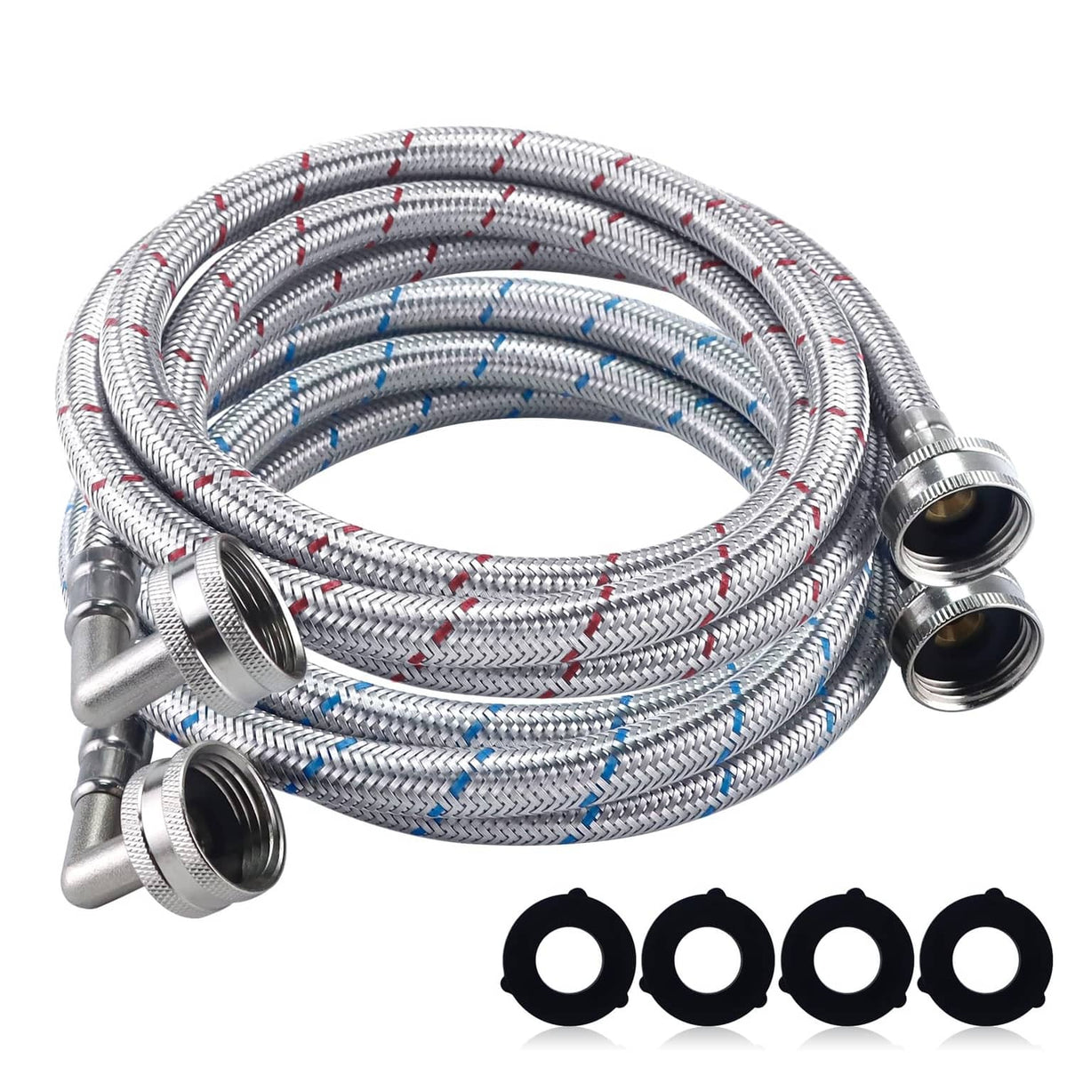 Braided stainless steel washing machine hoses set with 90-degree connectors and washers