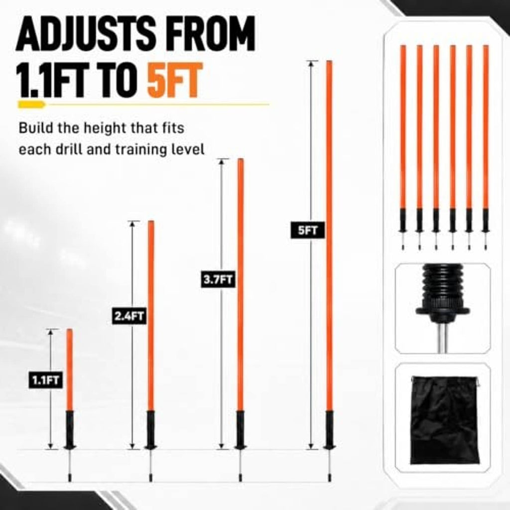 Adjustable-height orange agility training poles with black bases for different drill levels