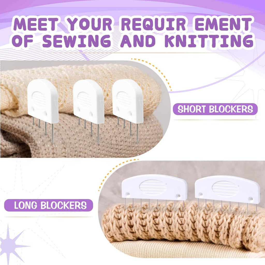 Long and short white knit blocker pins with straight needle tines