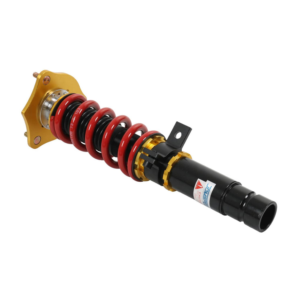 Coilover suspension with red spring, gold eyelet mount plate, and black damper housing